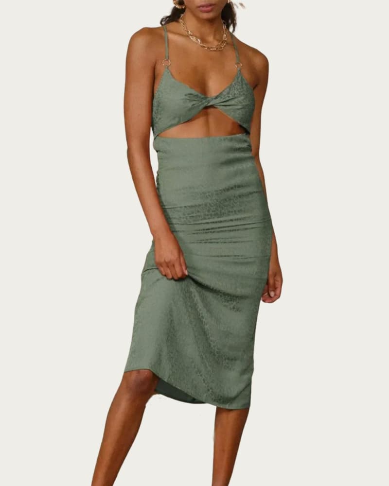 Front of a model wearing a size L Leopard Satin-Jacquard Twisted Cutout Midi Dress In Sage in Sage by ENDLESS BLU.. | dia_product_style_image_id:359883